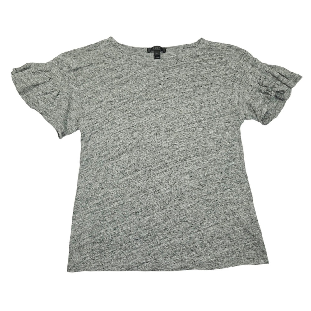 J.Crew Womens Small Grey 100% Linen Ruffle Flutter Sleeve T-Shirt Top G6049 FA17